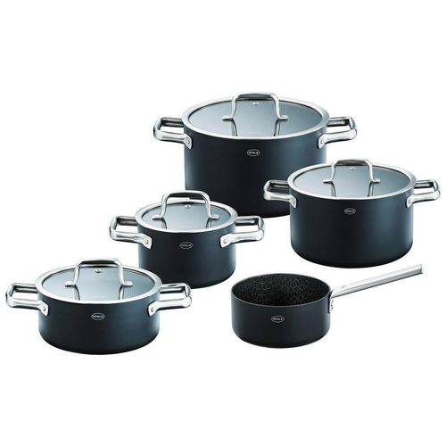 Rösle Kochtopfset Ebonic, Schwarz, Metall, 5-teilig, 16 cm, 57x32 cm, backofengeeignet, hitzebeständige Griffe, hitzebeständig, leichte Reinigung, Dreischicht-Material mit durchgängigem Aluminiumkern, optimale und gleichmäßige Wärmeverteilung bis zum Rand, antihaftversiegelte Wabenstruktur,backofengeeignet, Kochen, Töpfe, Topfsets