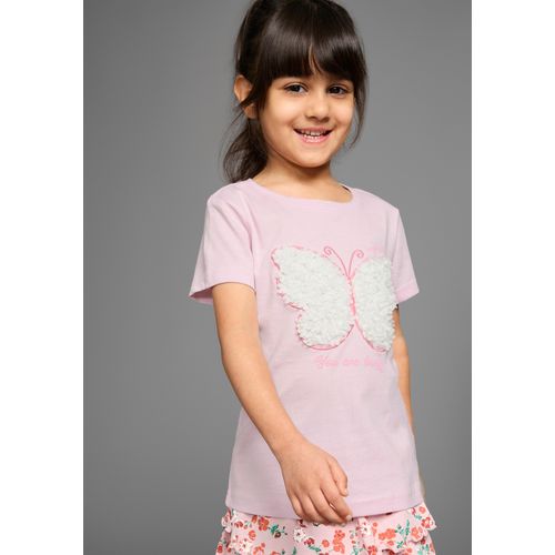 T-Shirt KANGAROOS "Aufwendige Schmetterling-Applikation", Mädchen, Gr. 92/98, rosa, Single Jersey, Obermaterial: 100% Baumwolle, bestickt, geblümt, Basic hüftlang, Rundhals, Shirts T-Shirt, T-Shirt mit aufwendiger 3D-Applikation