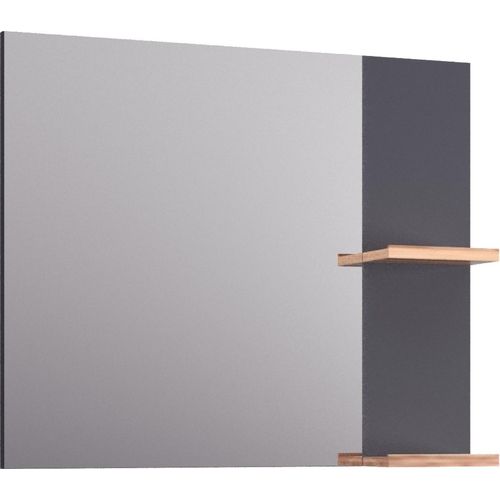 BadeDu HIERA Spiegel 79 cm breit in Anthrazit Eleganter Wandspiegel mit Holzablagen, ideal für kleine Bäder und stilvolle Einrichtungen