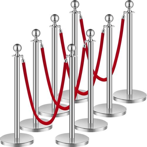 8 Stück silberne Pfosten, 4 rote Samtseile, Sandgefüllte Hohlbasis