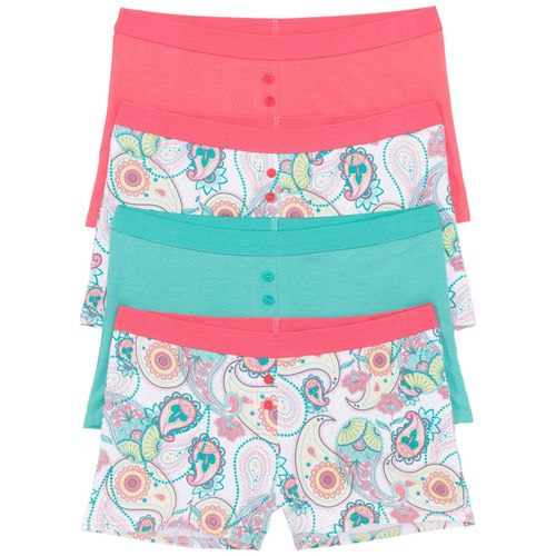 Boxer BONPRIX "Damen Boxer (4er Pack)", Damen, Gr. 44/46 (L), 4 Stk., weiß (weiß bedruckt, pink, grün), Obermaterial: 95% Baumwolle, 5% Elasthan, Unterhosen, doppelt abgesteppt an den Beinenden, figurbetonende Passform