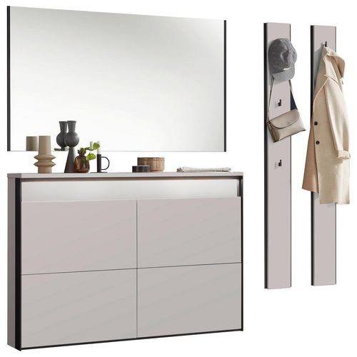 Voleo Garderobe Edra, Schwarz, Beige, Glas, Holzwerkstoff, 4-teilig, warmweiß, 180x190x24.3 cm, Garderobe, Garderoben-Sets & Serien, Garderoben-Sets
