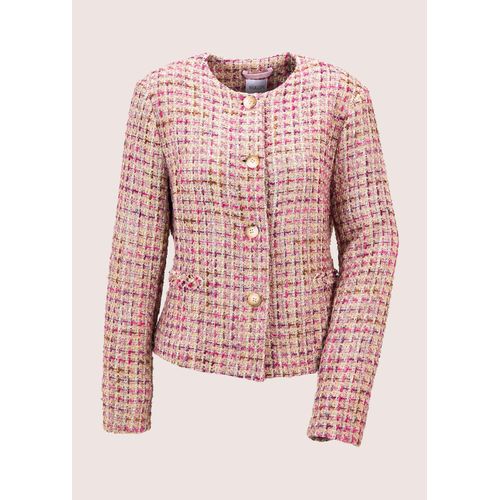 Jackenblazer MADELEINE "Tweed-Blazer Eleganter Businessblazer mit Hornknöpfen", Damen, Gr. 36, weiß (perlweiß, blassrosa, multicolor), Obermaterial: 100% Polyester PES., Modern, Blazer, Tweed-Blazer