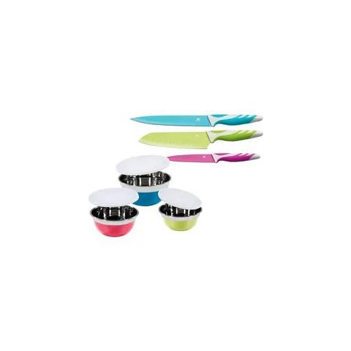 Schüssel KING "IMORA", bunt, Edelstahl, Schüsseln, Schüssel, 3 Schüsseln aus Edelstahl, 3 Kunststoffdeckel, 3 Messer