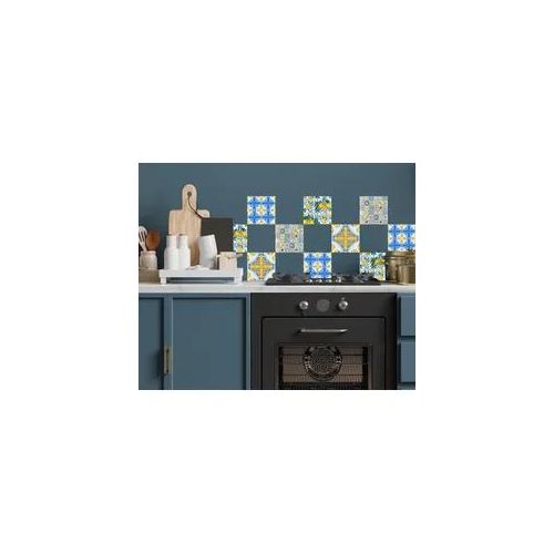 Fliesenaufkleber QUEENCE "Zitronen und Ornamente", blau, B:15cm H:15cm T:0,2cm, Fliesenaufkleber, selbstklebend, 12er Set