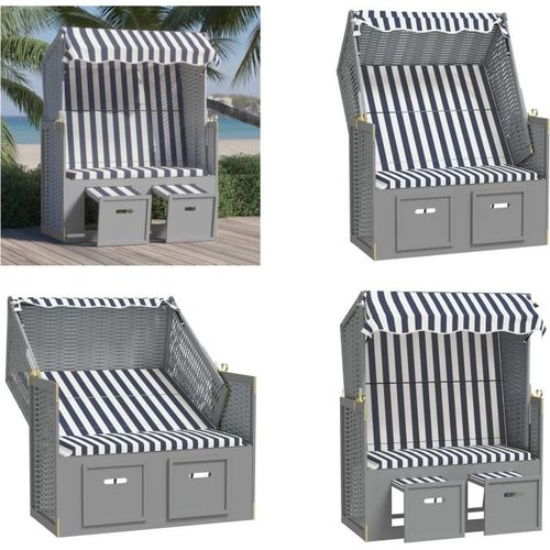 vidaXL Strandkorb mit Dach Poly Rattan und Massivholz Blau & Weiß - Strandkorb - Strandkörbe - Sonnenliege - Strandliege