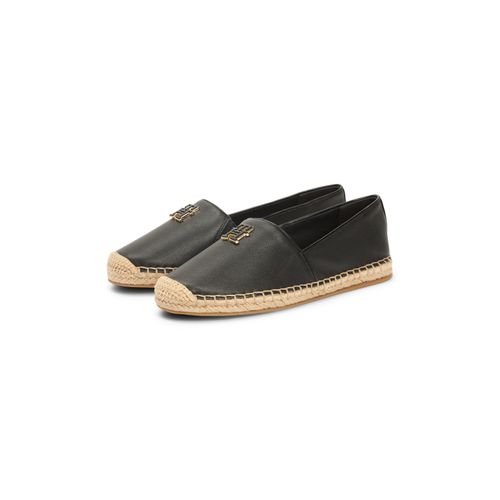 Espadrille TOMMY HILFIGER "TH LOGO LEATHER ESPADRILLE", Damen, Gr. 35, schwarz, Leder, Schuhe Espadrille, Sommerschuh, Slipper, Schlupfschuh mit typischer Juteverzierung