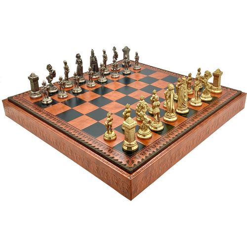 3-in-1 Schachset 48 cm – „Maria Stuarda“, Lederbrett, Metallfiguren