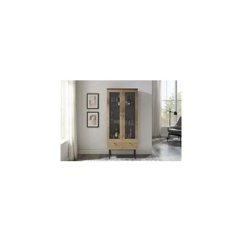 Vitrine SALESFEVER "Torsby Designer Vitrine in edler Optik", beige (natur, schwarz), B:79cm H:179cm T:43cm, Furnier, MDF, Metall, Schränke, Vitrine, Eiche Echtholzfurnier