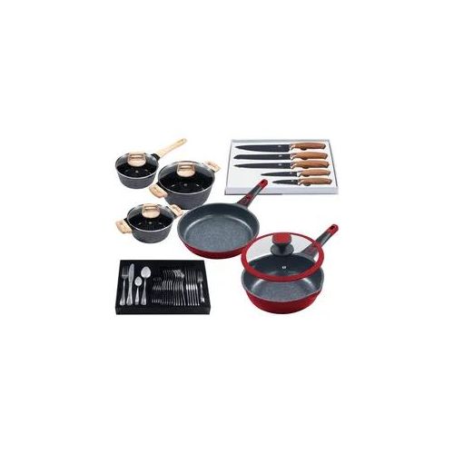 Pfannen-Set KING "Moonscape", rot, Pfannen, Induktion, (Töpfe+Glasdeckel, Pfannen+Deckel,Messer,Besteckset)
