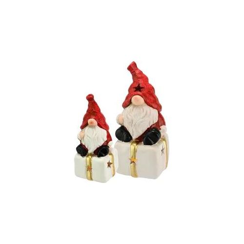 Dekofigur I.GE.A. "Wichtel auf Geschenk", rot (weiß, rot), B:6cm H:13cm, Terrakotta, Dekofiguren, Mit LED 2er Set Weihnachtsdeko Kunstfigur Deko Statue Skulptur