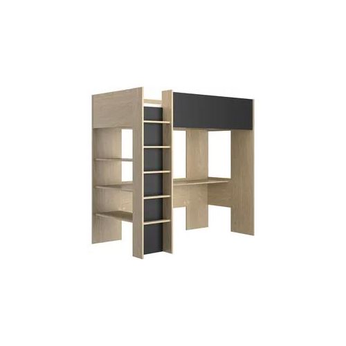 Hochbett GAMI "Nael", braun (eiche rookwood nachbildung, schwarz, eiche rookwood nachbildung, eiche rookwood nachbildung), B:112cm H:192cm L:205cm, Hochbetten, Hochbett, Hochbett 90 / 200 mit Schreibtisch
