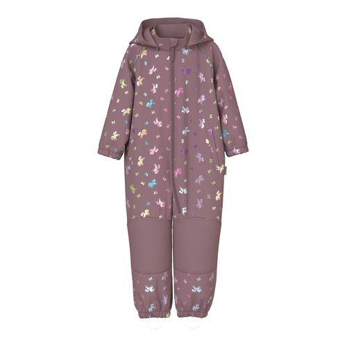 Softshelloverall NAME IT "NMFALFA08 SOFTSHELL SUIT FOIL 1FO NOOS", Mädchen, Gr. 86, N-Gr, grape shake, Softshell, Obermaterial: 94% Polyester, 6% Elasthan, bedruckt, regular fit, elastischer Bund, Overalls Softshelloverall