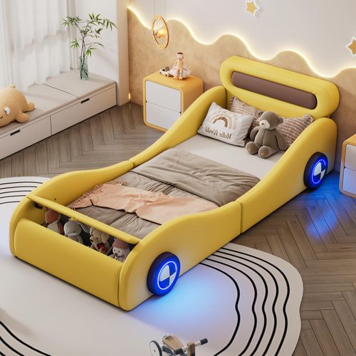 okwish Kinderbett mit Matratze 90x200 Jugendbett in Autoform mit leuchtenden Rädern und Stauraum,Einzelbett aus PU, Gelb