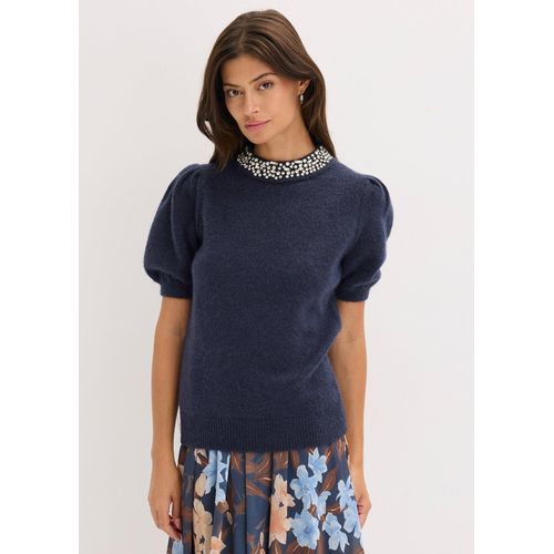 bonprix Pullover mit Strass-Applikation, blau, Gr.36/38 (S), weicher Strickpullover mit Puffärmeln und dekorativer Strass-Applikation vorne am Ausschnitt