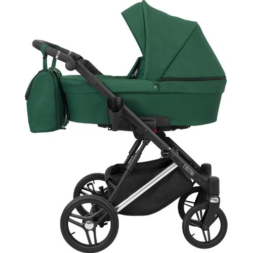 Kinderwagen LAZZIO PREMIUM Babywagen Babyschale Kinder Wagen Set 1 in 1 (grün, Rahmenfarbe: Silber)