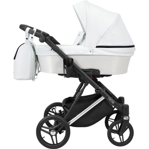 Kinderwagen LAZZIO PREMIUM Babywagen Babyschale Kinder Wagen Set 1 in 1 (weiß + eco, Rahmenfarbe: Silber)