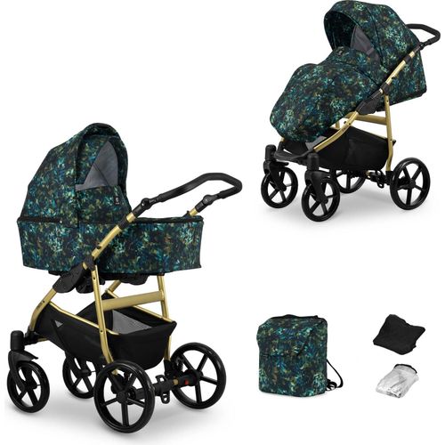 Kinderwagen MATA Sportwagen Babywagen Babyschale Komplettset Kinder Wagen Set 2 in 1 (blätter, Rahmenfarbe: Gold)