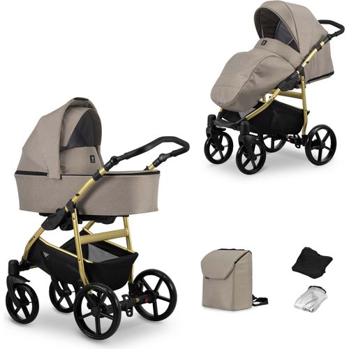 Kinderwagen MATA Sportwagen Babywagen Babyschale Komplettset Kinder Wagen Set 2 in 1 (mocca, Rahmenfarbe: Gold)