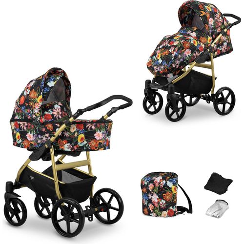 Kinderwagen MATA Sportwagen Babywagen Babyschale Komplettset Kinder Wagen Set 2 in 1 (blumen, Rahmenfarbe: Gold)