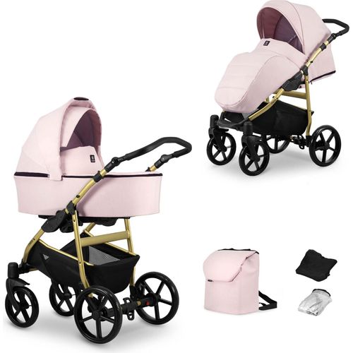 Kinderwagen MATA Sportwagen Babywagen Babyschale Komplettset Kinder Wagen Set 2 in 1 (rose, Rahmenfarbe: Gold)
