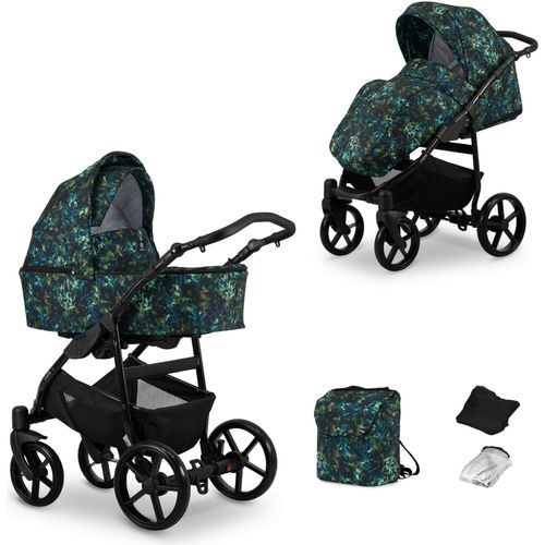 Kinderwagen MATA Sportwagen Babywagen Babyschale Komplettset Kinder Wagen Set 2 in 1 (blätter, Rahmenfarbe: Schwarz)