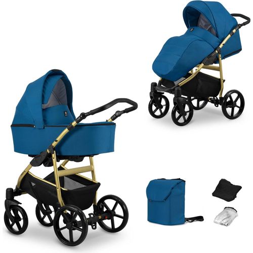 Kinderwagen MATA Sportwagen Babywagen Babyschale Komplettset Kinder Wagen Set 2 in 1 (marine, Rahmenfarbe: Gold)