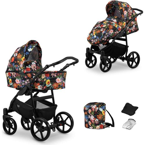 Kinderwagen MATA Sportwagen Babywagen Babyschale Komplettset Kinder Wagen Set 2 in 1 (blumen, Rahmenfarbe: Schwarz)