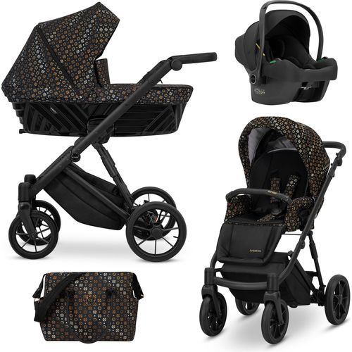 Kinderwagen IVENTO Sportwagen Babywagen Babyschale Komplettset Kinder Wagen Autositz Set 3 in 1 (Black Style, Rahmenfarbe: Schwarz)