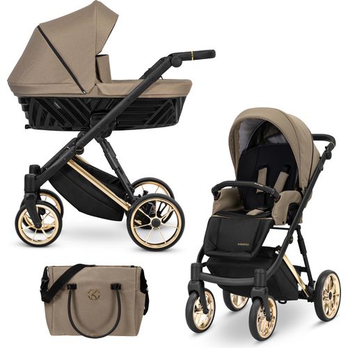 Kinderwagen IVENTO Sportwagen Babywagen Babyschale Komplettset Kinder Wagen Set 2 in 1 (Caramel Macchiato, Rahmenfarbe: Gold)
