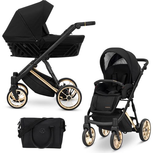 Kinderwagen IVENTO Sportwagen Babywagen Babyschale Komplettset Kinder Wagen Set 2 in 1 (Deep Black, Rahmenfarbe: Gold)