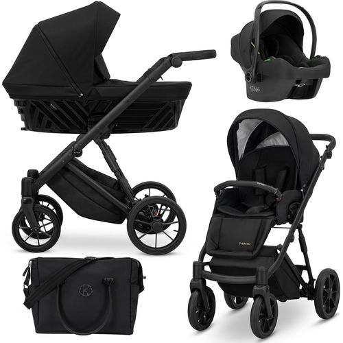 Kinderwagen IVENTO Sportwagen Babywagen Babyschale Komplettset Kinder Wagen Autositz Set 3 in 1 (Deep Black, Rahmenfarbe: Schwarz)