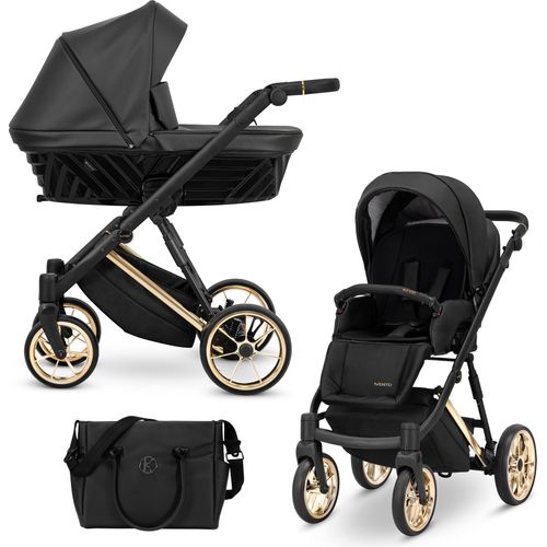 Kinderwagen IVENTO Sportwagen Babywagen Babyschale Komplettset Kinder Wagen Set 2 in 1 (Black Pearl, Rahmenfarbe: Gold)