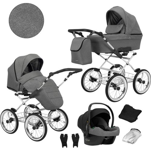 Kinderwagen ROMANTIC Sportwagen Babywagen Babyschale Komplettset Kinder Wagen Set 3 in 1 (ROM-06, Rahmenfarbe: grau)