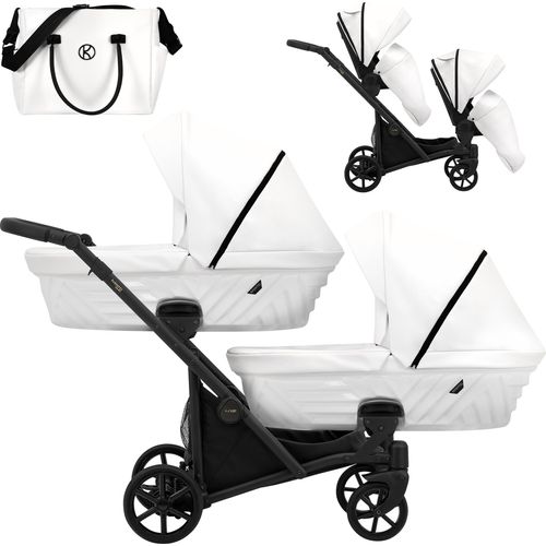 Kinderwagen IVENTO DUO 2 in 1 Komplettset Zwillingskinderwagen Geschwisterwagen Zwillingsbuggy Doppelkinderwagen (White Pearl, Rahmenfarbe: schwarz)