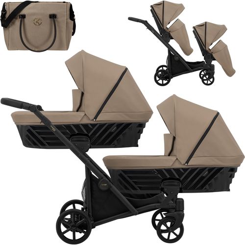 Kinderwagen IVENTO DUO 2 in 1 Komplettset Zwillingskinderwagen Geschwisterwagen Zwillingsbuggy Doppelkinderwagen (Caramel, Rahmenfarbe: schwarz)