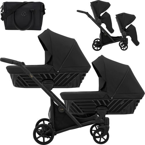 Kinderwagen IVENTO DUO 2 in 1 Komplettset Zwillingskinderwagen Geschwisterwagen Zwillingsbuggy Doppelkinderwagen (Deep Black, Rahmenfarbe: schwarz)