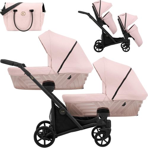Kinderwagen IVENTO DUO 2 in 1 Komplettset Zwillingskinderwagen Geschwisterwagen Zwillingsbuggy Doppelkinderwagen (Smoky Pink, Rahmenfarbe: schwarz)