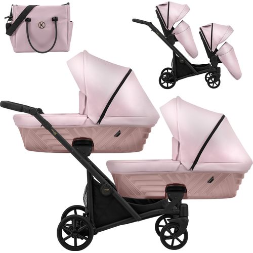 Kinderwagen IVENTO DUO 2 in 1 Komplettset Zwillingskinderwagen Geschwisterwagen Zwillingsbuggy Doppelkinderwagen (Pink Metalic, Rahmenfarbe: schwarz)