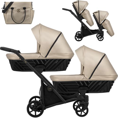 Kinderwagen IVENTO DUO 2 in 1 Komplettset Zwillingskinderwagen Geschwisterwagen Zwillingsbuggy Doppelkinderwagen (Cappuccino Me, Rahmenfarbe: schwarz)