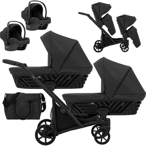 Kinderwagen IVENTO DUO 3 in 1 Komplettset Zwillingskinderwagen Geschwisterwagen Zwillingsbuggy Doppelkinderwagen (Black Pearl, Rahmenfarbe: schwarz)