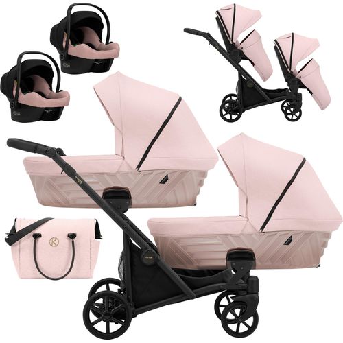 Kinderwagen IVENTO DUO 3 in 1 Komplettset Zwillingskinderwagen Geschwisterwagen Zwillingsbuggy Doppelkinderwagen (Smoky Pink, Rahmenfarbe: schwarz)
