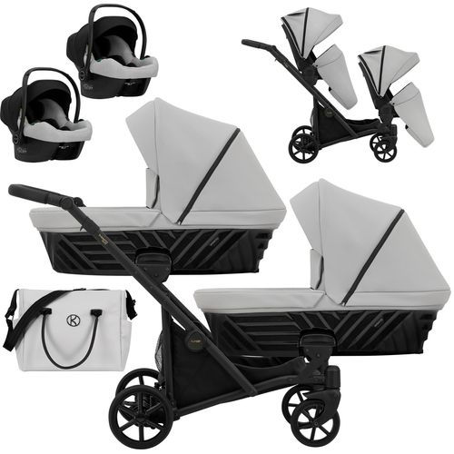 Kinderwagen IVENTO DUO 3 in 1 Komplettset Zwillingskinderwagen Geschwisterwagen Zwillingsbuggy Doppelkinderwagen (Eco Dove Grey, Rahmenfarbe: schwarz)