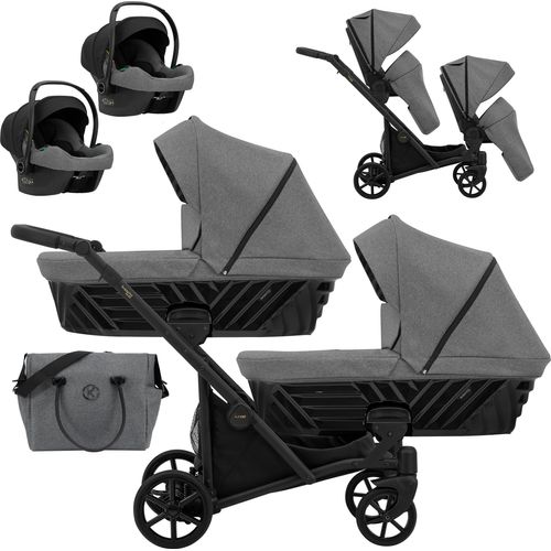 Kinderwagen IVENTO DUO 3 in 1 Komplettset Zwillingskinderwagen Geschwisterwagen Zwillingsbuggy Doppelkinderwagen (Deep Graphite, Rahmenfarbe: schwarz)