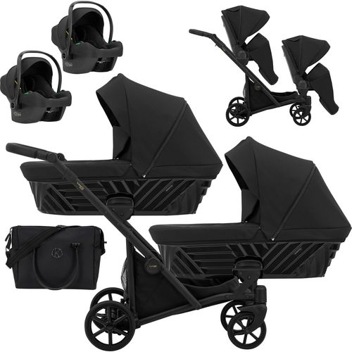 Kinderwagen IVENTO DUO 3 in 1 Komplettset Zwillingskinderwagen Geschwisterwagen Zwillingsbuggy Doppelkinderwagen (Deep Black, Rahmenfarbe: schwarz)