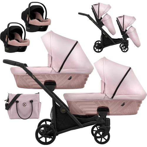 Kinderwagen IVENTO DUO 3 in 1 Komplettset Zwillingskinderwagen Geschwisterwagen Zwillingsbuggy Doppelkinderwagen (Pink Metalic, Rahmenfarbe: schwarz)