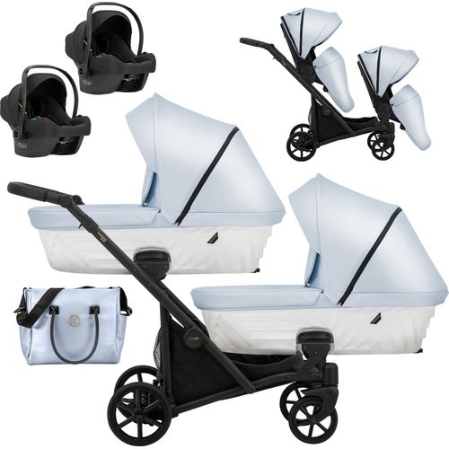Kinderwagen IVENTO DUO 3 in 1 Komplettset Zwillingskinderwagen Geschwisterwagen Zwillingsbuggy Doppelkinderwagen (Eco Baby Blue Rahmenfarbe: schwarz)
