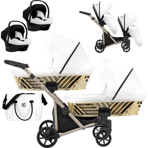 Kinderwagen IVENTO DUO GLAM 3 in 1 Zwillingskinderwagen Geschwisterwagen Zwillingsbuggy Doppelkinderwagen (Eco White Pearl, Rahmen: champagne)