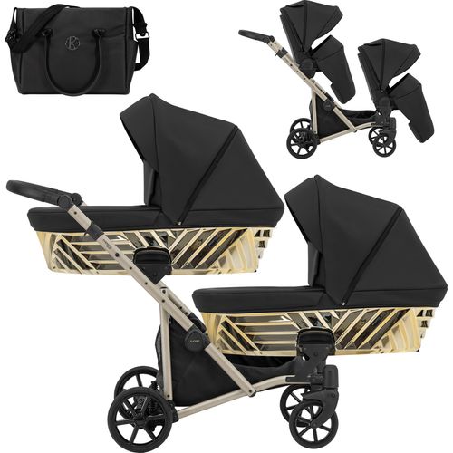 Kinderwagen IVENTO DUO GLAM 2 in 1 Zwillingskinderwagen Geschwisterwagen Zwillingsbuggy Doppelkinderwagen (Eco Black Pearl, Rahmen: champagne)