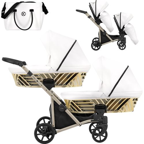 Kinderwagen IVENTO DUO GLAM 2 in 1 Zwillingskinderwagen Geschwisterwagen Zwillingsbuggy Doppelkinderwagen (Eco White Pearl, Rahmen: champagne)